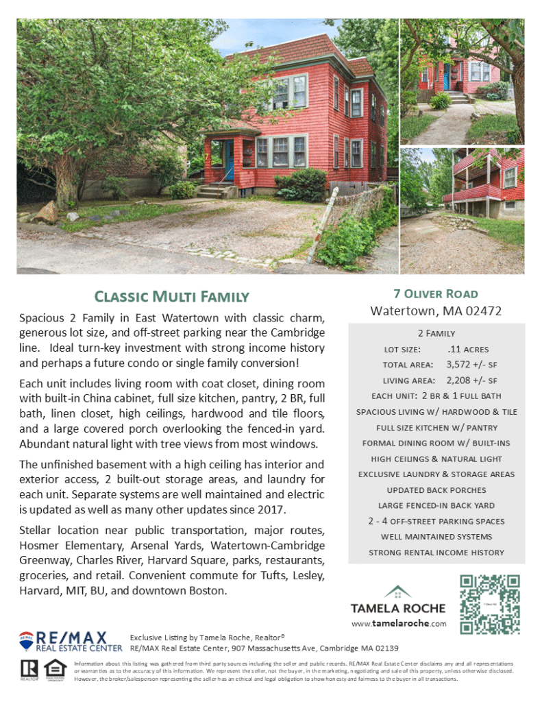 Image of the property brochure with exterior photos of 7 Oliver Rd Watertown MA 02472 and descriptions about the property features.