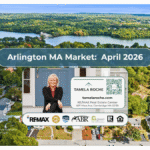Image titled "Arlington MA Market April 2026" with a photo of the tree-lined streets with the Mystic Lakes in the background.