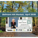 Image titled "Belmont MA Market April 2026" and a photo of a nature reserve in Belmont with trees and a bench.