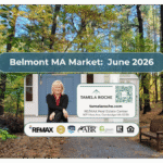 Image titled "Belmont MA Market June 2026" and a photo of a nature reserve in Belmont with trees and a bench.