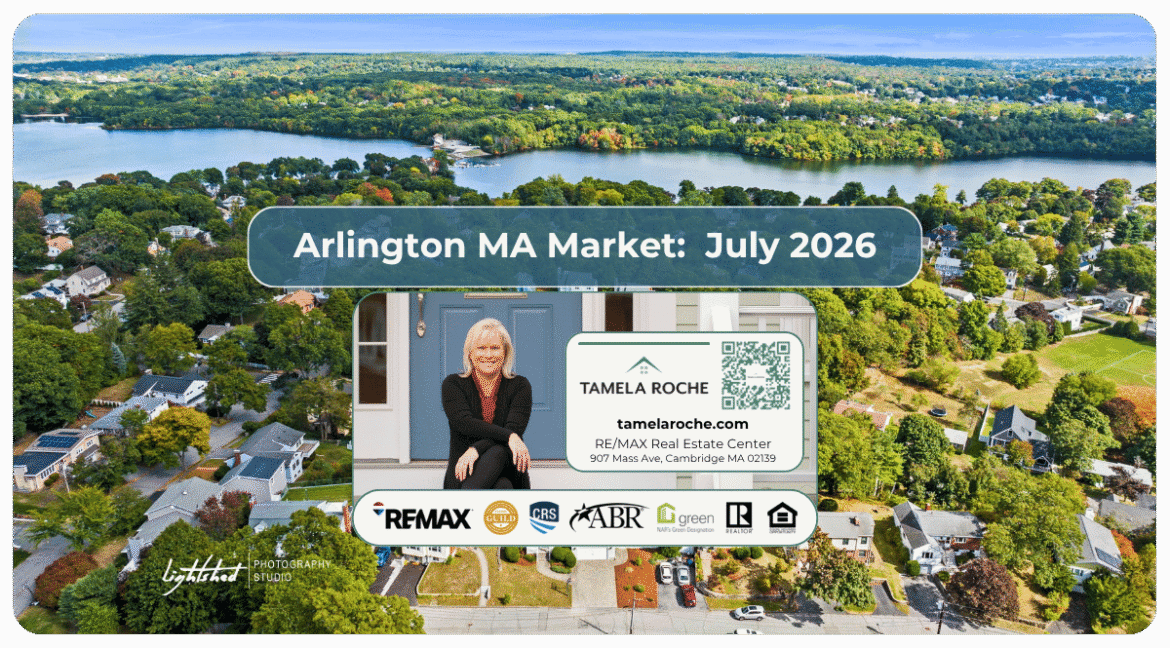 Image titled "Arlington MA Market July 2026" with a photo of the tree-lined streets with the Mystic Lakes in the background.