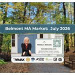 Image titled "Belmont MA Market July 2026" and a photo of a nature reserve in Belmont with trees and a bench.