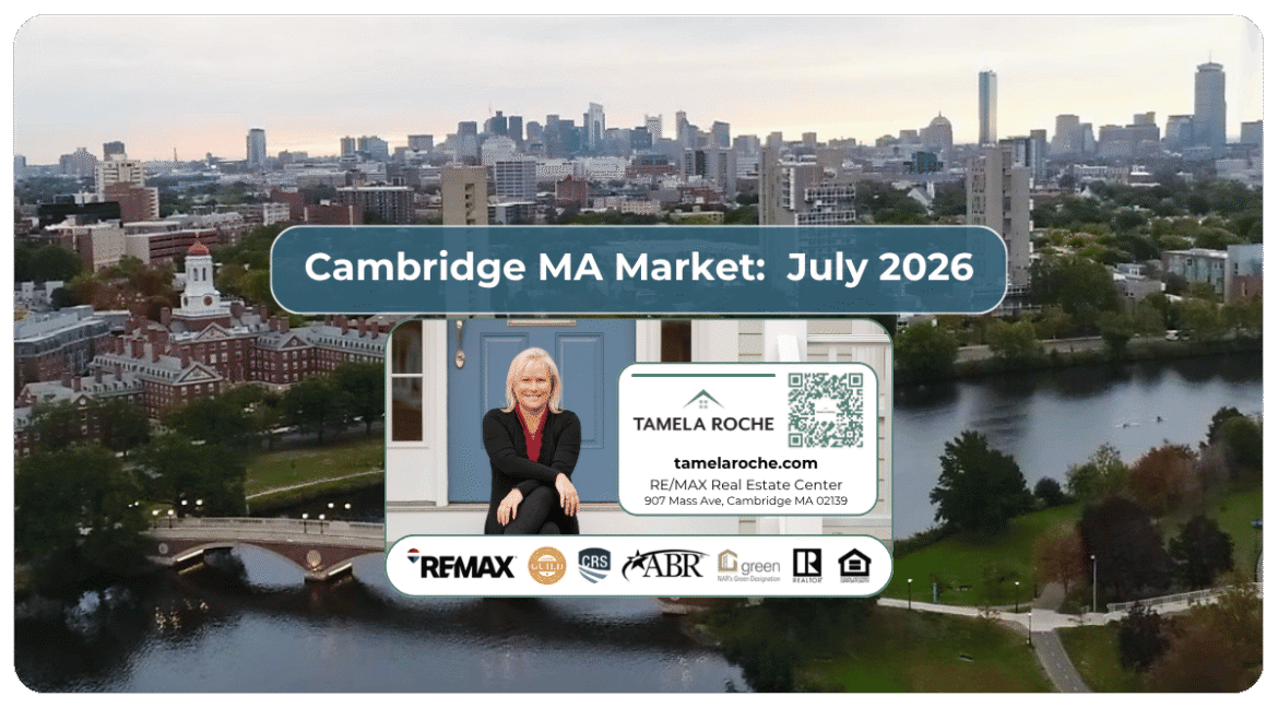 Image titled "Cambridge MA Market July 2026" with a photo of the Charles River in Cambridge and the Boston skyline on the horizon.