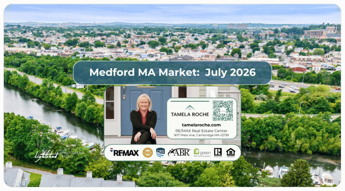 Image titled "Medford MA Market July 2026" and a photo showing homes on tree-lined streets near the Mystic River.