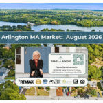 Image titled "Arlington MA Market August 2026" with a photo of the tree-lined streets with the Mystic Lakes in the background.
