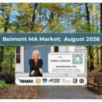 Image titled "Belmont MA Market August 2026" and a photo of a nature reserve in Belmont with trees and a bench.