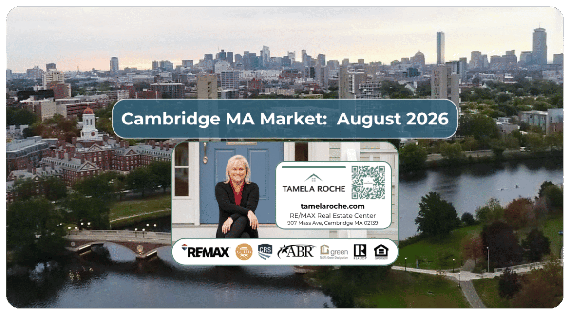 Image titled "Cambridge MA Market August 2026" with a photo of the Charles River in Cambridge and the Boston skyline on the horizon.