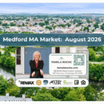 Image titled "Medford MA Market August 2026" and a photo showing homes on tree-lined streets near the Mystic River.
