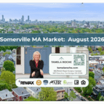 Image titled "Somerville MA Market August 2026" with a photo of the tree-lined streets and the Boston skyline on the horizon.