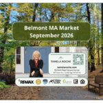 Image titled "Belmont MA Market September 2026" and a photo of a nature reserve in Belmont with trees and a bench.
