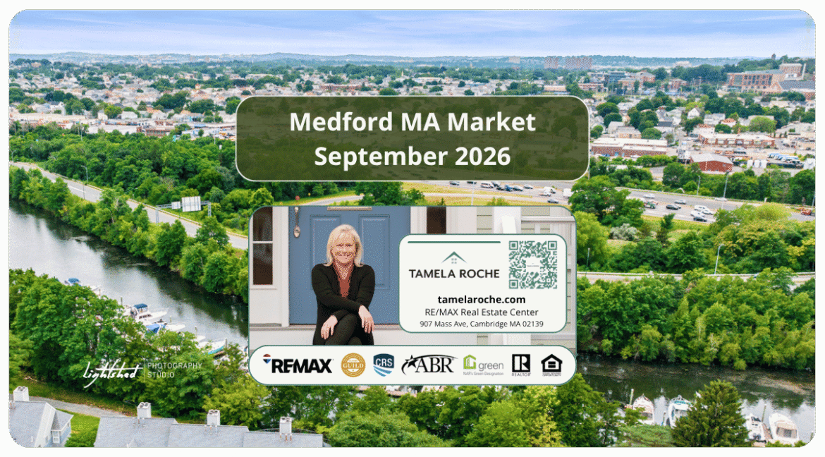 Image titled "Medford MA Market September 2026" and a photo showing homes on tree-lined streets near the Mystic River.